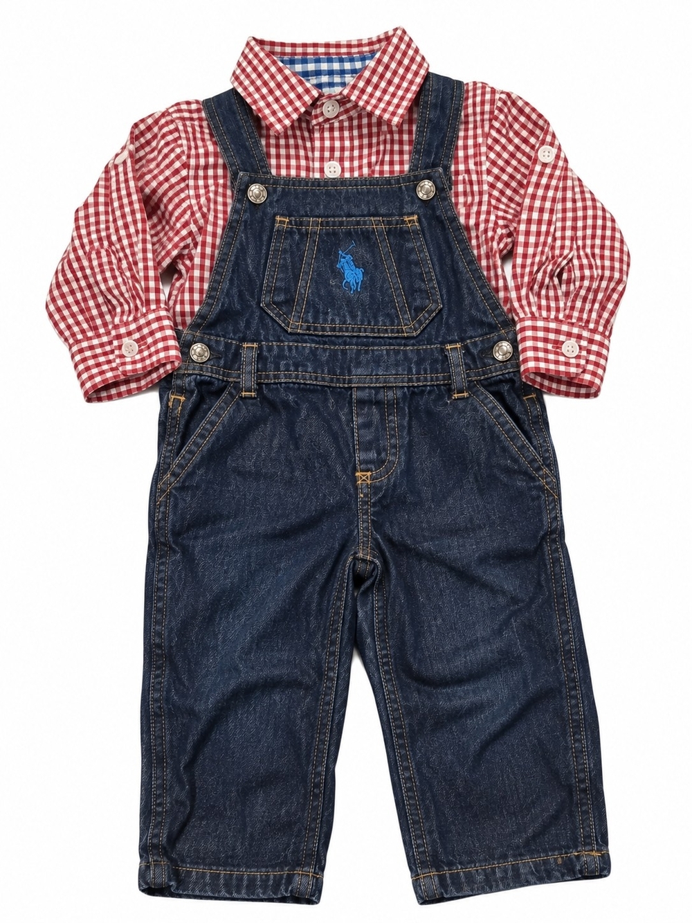18m U.S. Polo Assn. Red Gingham Shirt with Dark Blue Denim Overalls - Kids